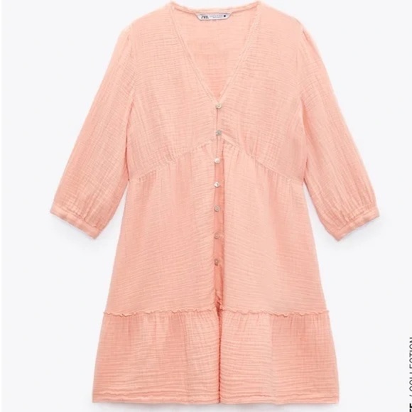 Zara Pink Cotton & Linen Blend Tiered Mini Dress Size S - Picture 2 of 8